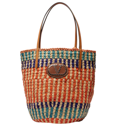 VLogo leather-trimmed raffia tote bag