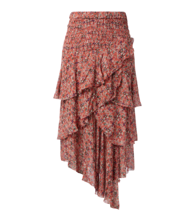 Ruched ruffled floral midi skirt