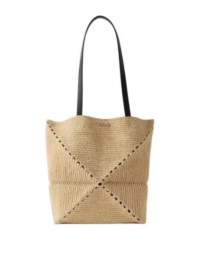 + Paula's Ibiza Puzzle Fold medium leather-trimmed raffia tote
